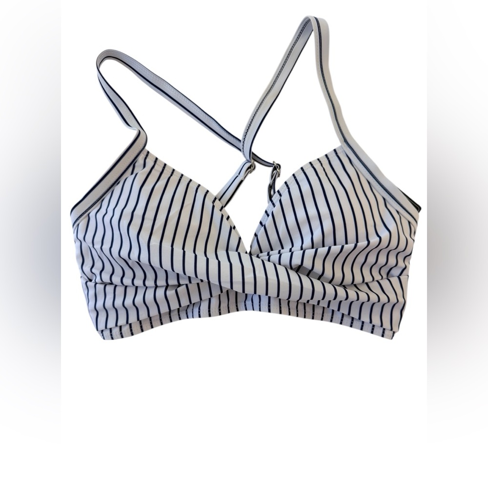 Blooming Jelly Striped Twist Front Bikini Top Navy White Size M NWT